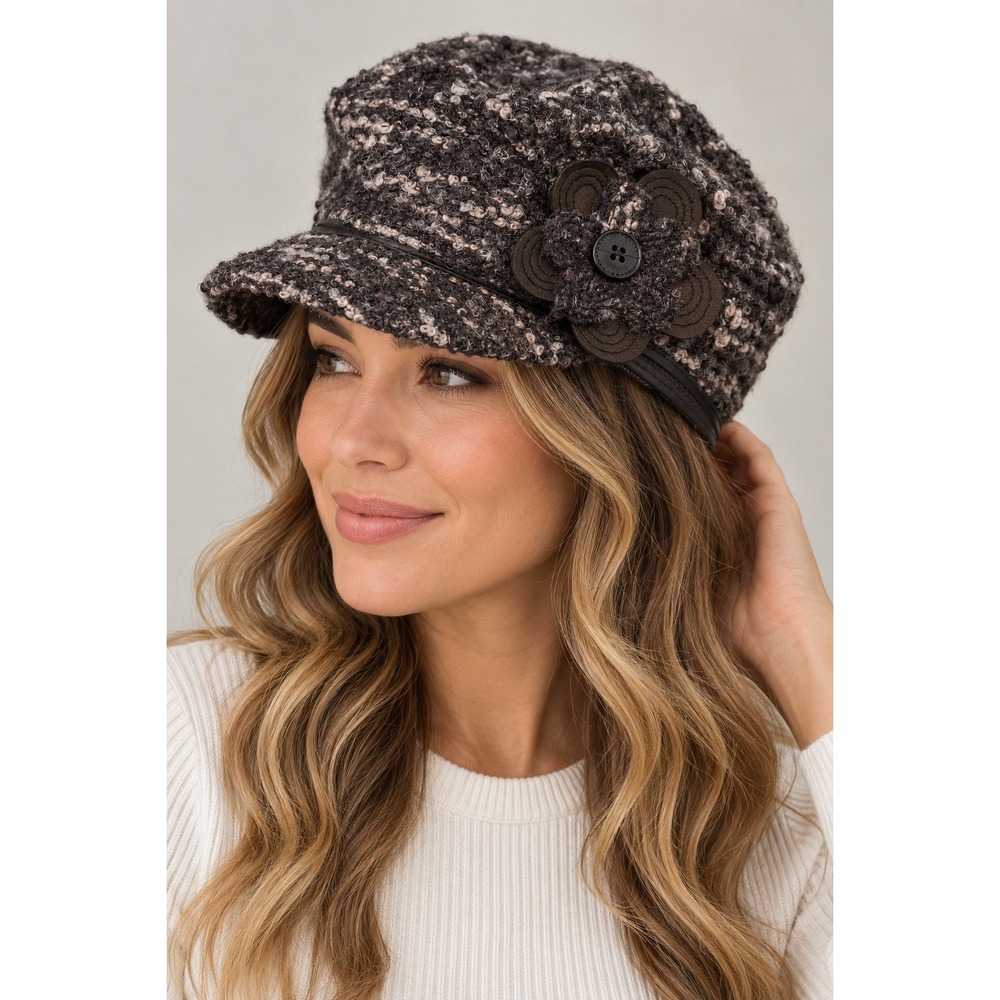 C.C Exclusives Newsboy Cap Womens OS Dark Academia Flower Boucle Wool Blend Grey